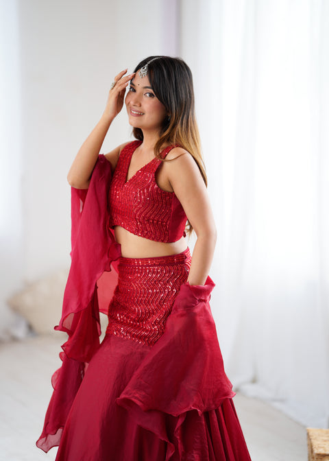 Red fish cut lehnga