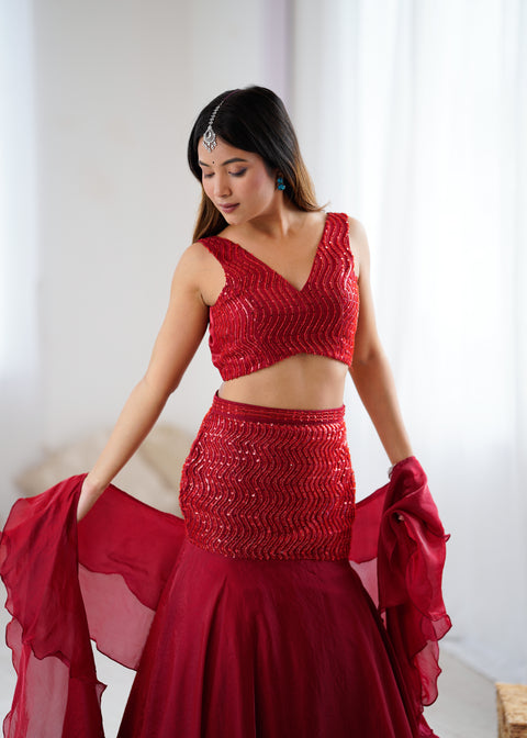Red fish cut lehnga