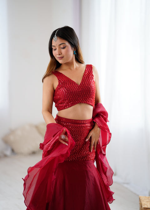 Red fish cut lehnga