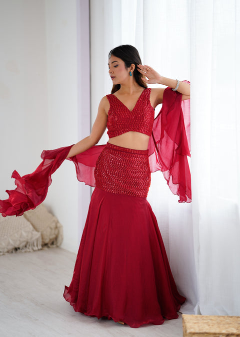 Red fish cut lehnga