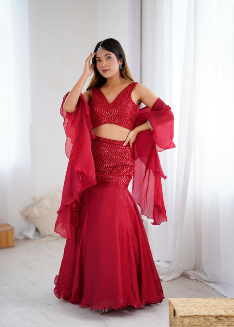 Red fish cut lehnga