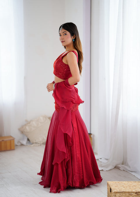 Red fish cut lehnga
