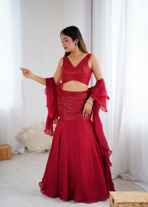 Red fish cut lehnga
