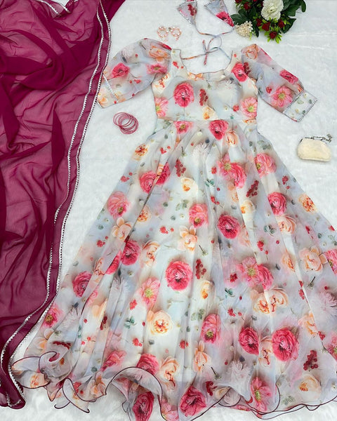 Designer Jimmy Organza Silk Digital Floral Printed Anarkali Gown