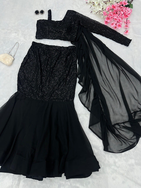 fishcut Blaxk Sequins work Lehenga