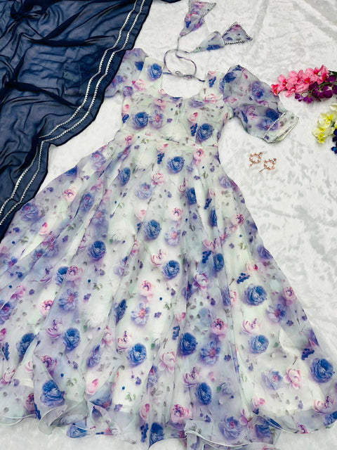 Designer Jimmy Organza Silk Digital Floral Printed Anarkali Gown