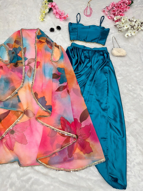 Drape style skirt and blouse with cape