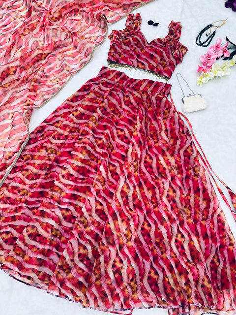 Leheriya print Organza Lehenga choli