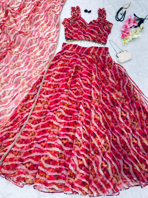 Leheriya print Organza Lehenga choli