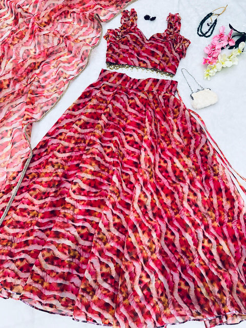 Leheriya print Organza Lehenga choli