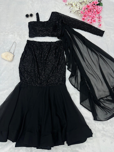 fishcut Blaxk Sequins work Lehenga