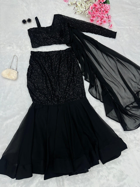 fishcut Blaxk Sequins work Lehenga