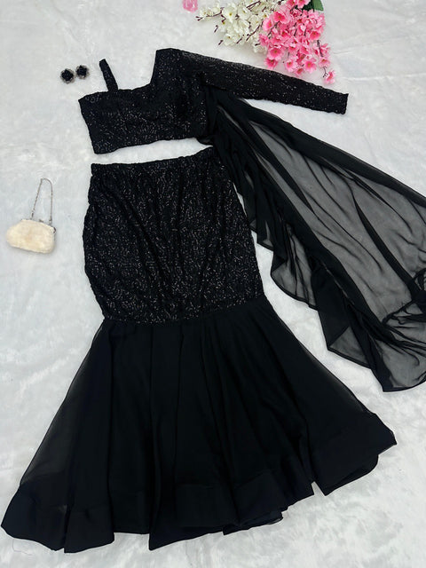 fishcut Blaxk Sequins work Lehenga