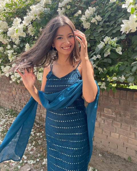 Featured blue mirror work suit