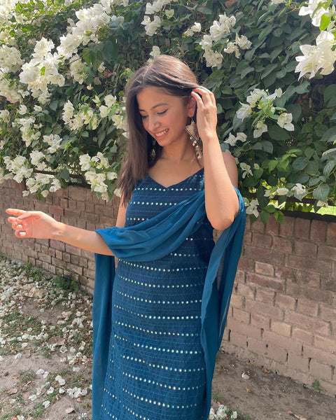 Featured blue mirror work suit