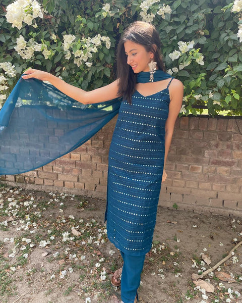 Featured blue mirror work suit